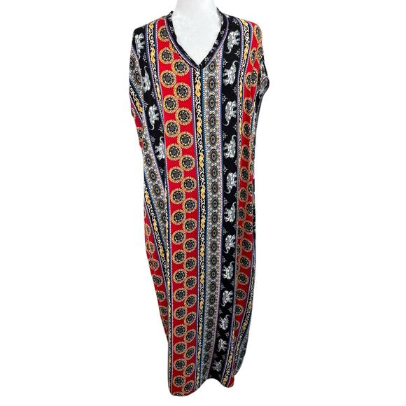 Vintage Red Black Multi Elephant Print V-Neck Cover Up Kaftan Midi Dress L/XL - Picture 1 of 15